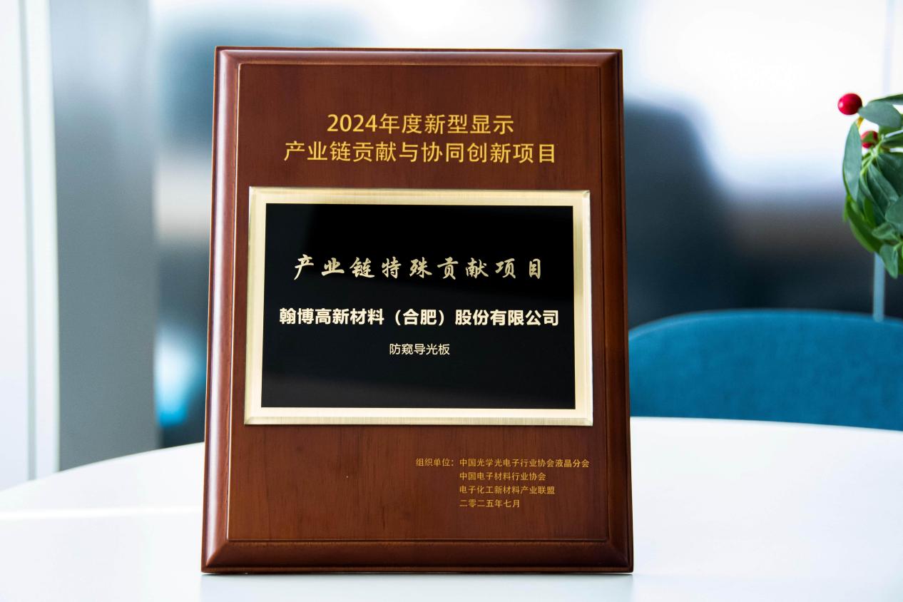 翰博高新榮膺2024年度新型顯示產(chǎn)業(yè)鏈“特殊貢獻項目”大獎|創(chuàng)新防窺導光板技術獲權威認可